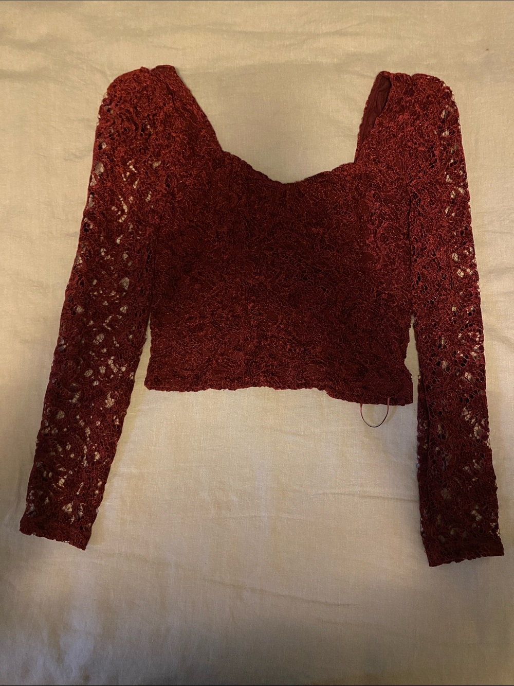 Anthropologie Women's Lace Long-Sleeve Cropped Top - Burgundy